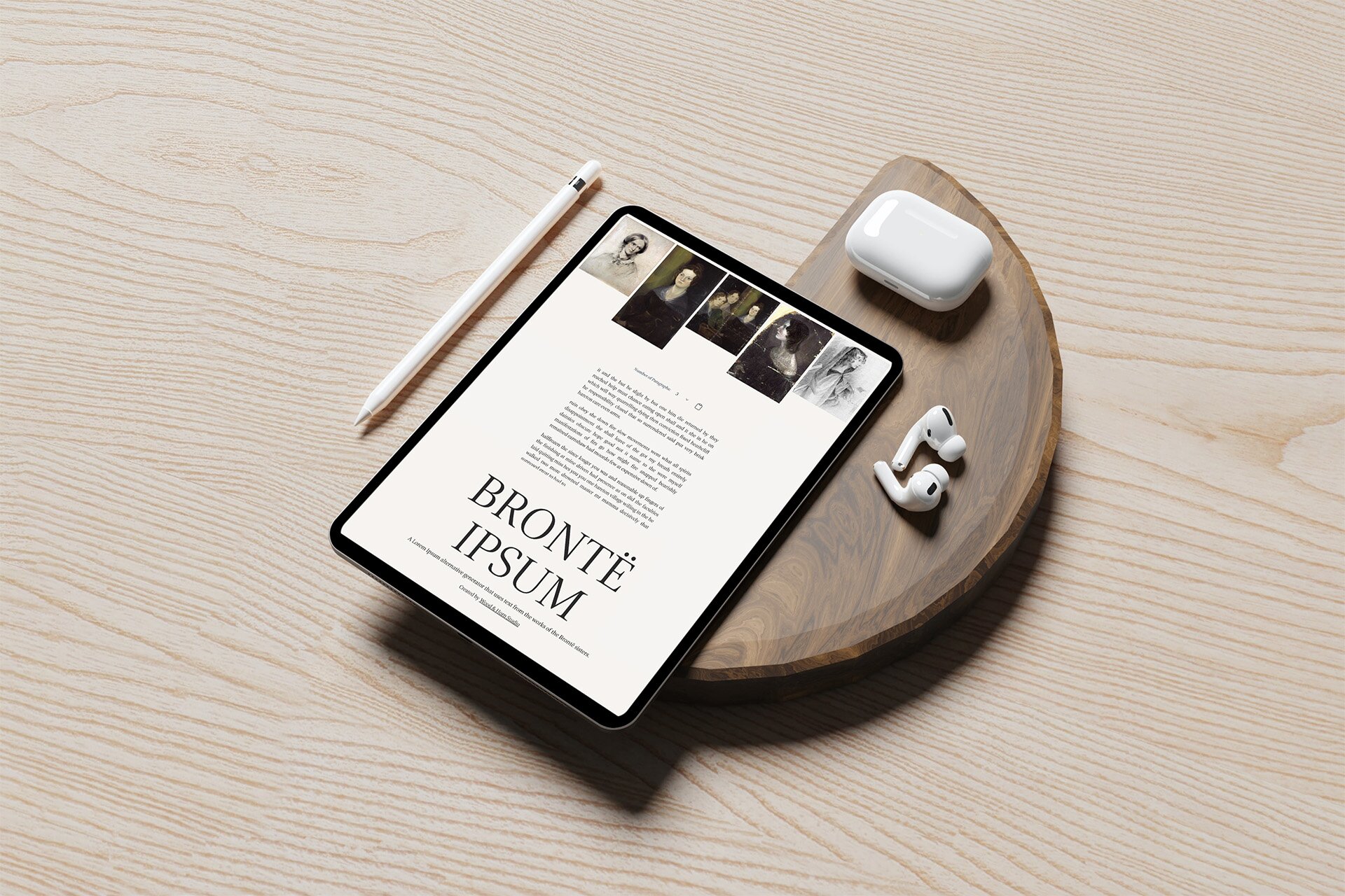 A mockup on an iPad Pro screen, with a pencil, wooden block and AirPods adjacent
