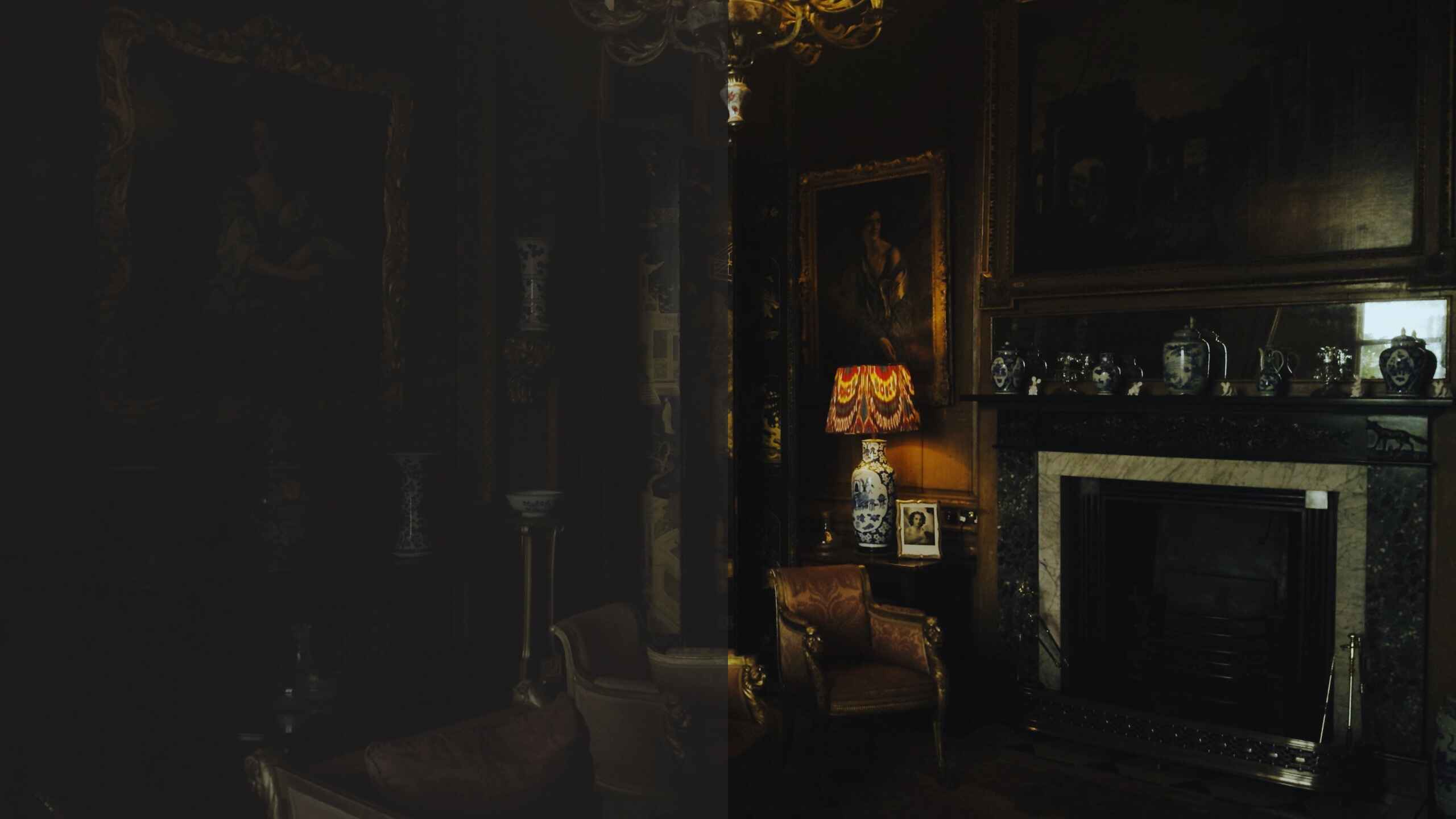 A before-after of an elaborate state room of chairs and paintings being color-graded