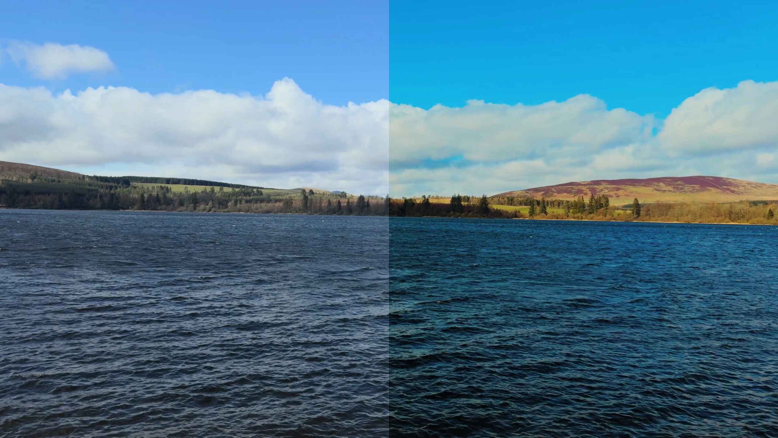 A before-after of a sea and hill shot being color-graded