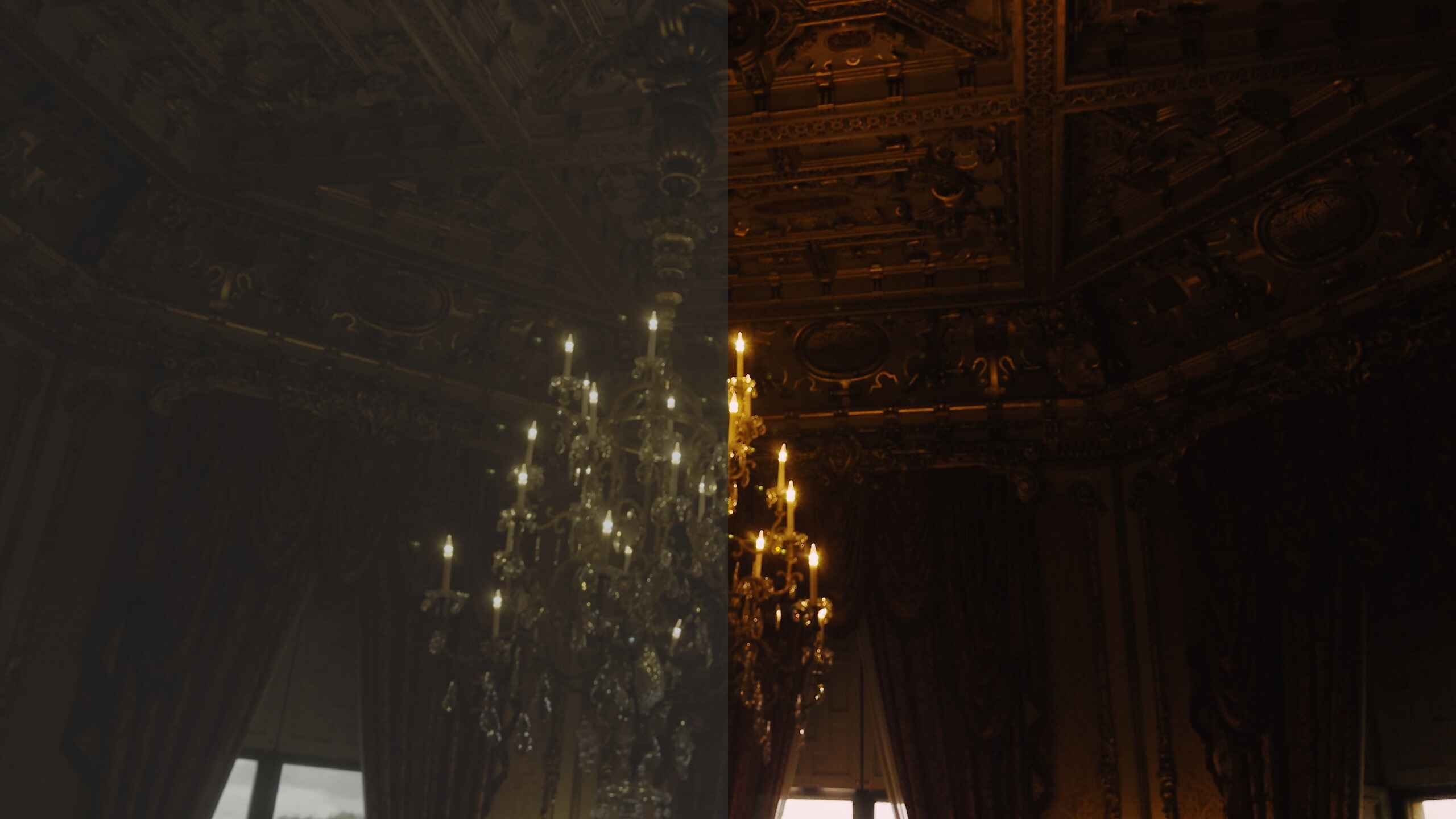 A before-after of an ornate ceiling and suspended chandelier being color-graded