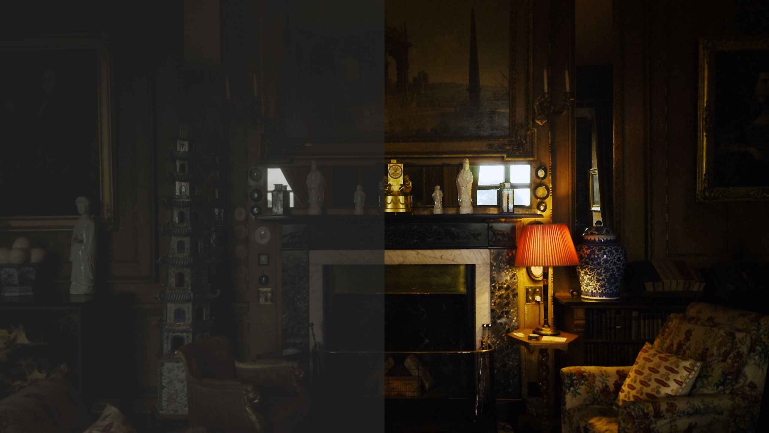 A before-after of an elaborate fireplace and paintings in an estate being color-graded