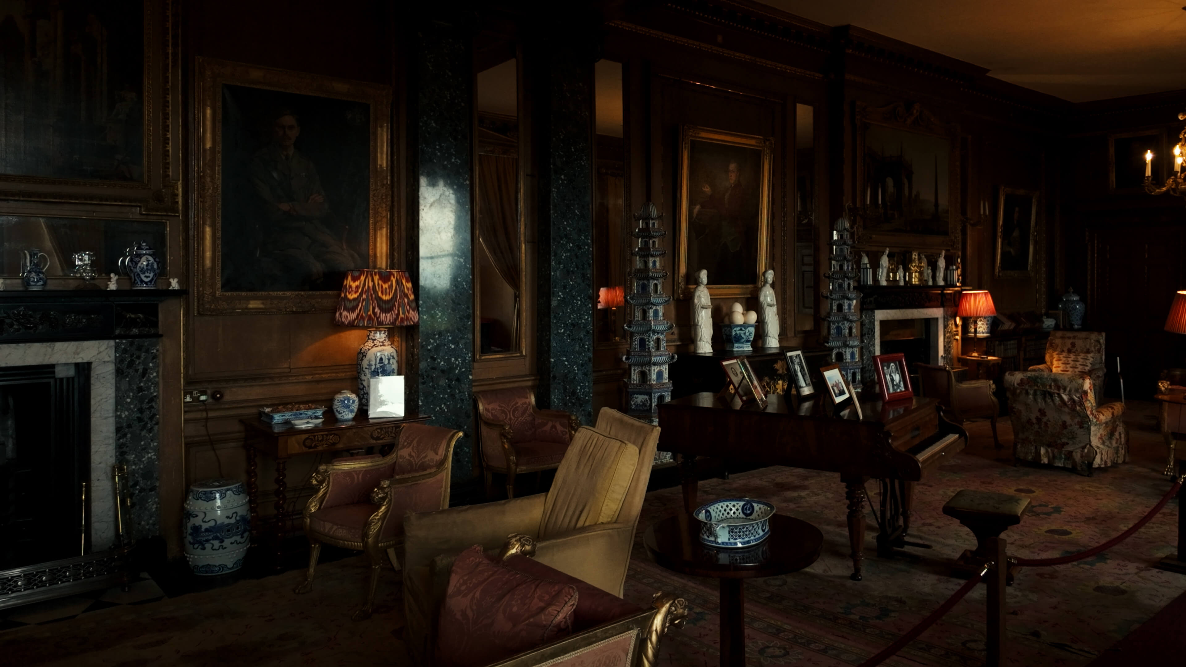 The castle's drawing room, showcasing luxurious decor, antique furniture, and a warm, inviting atmosphere