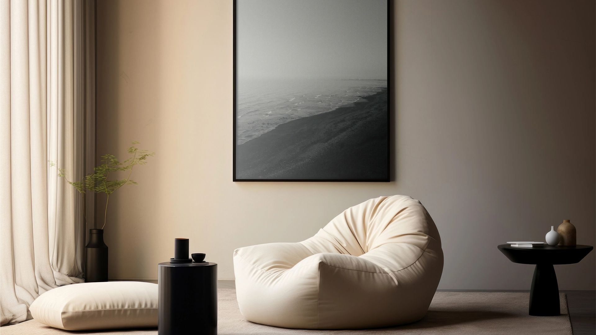 A frame mockup of a sandy beach in a clean, creme-colored lounge interior